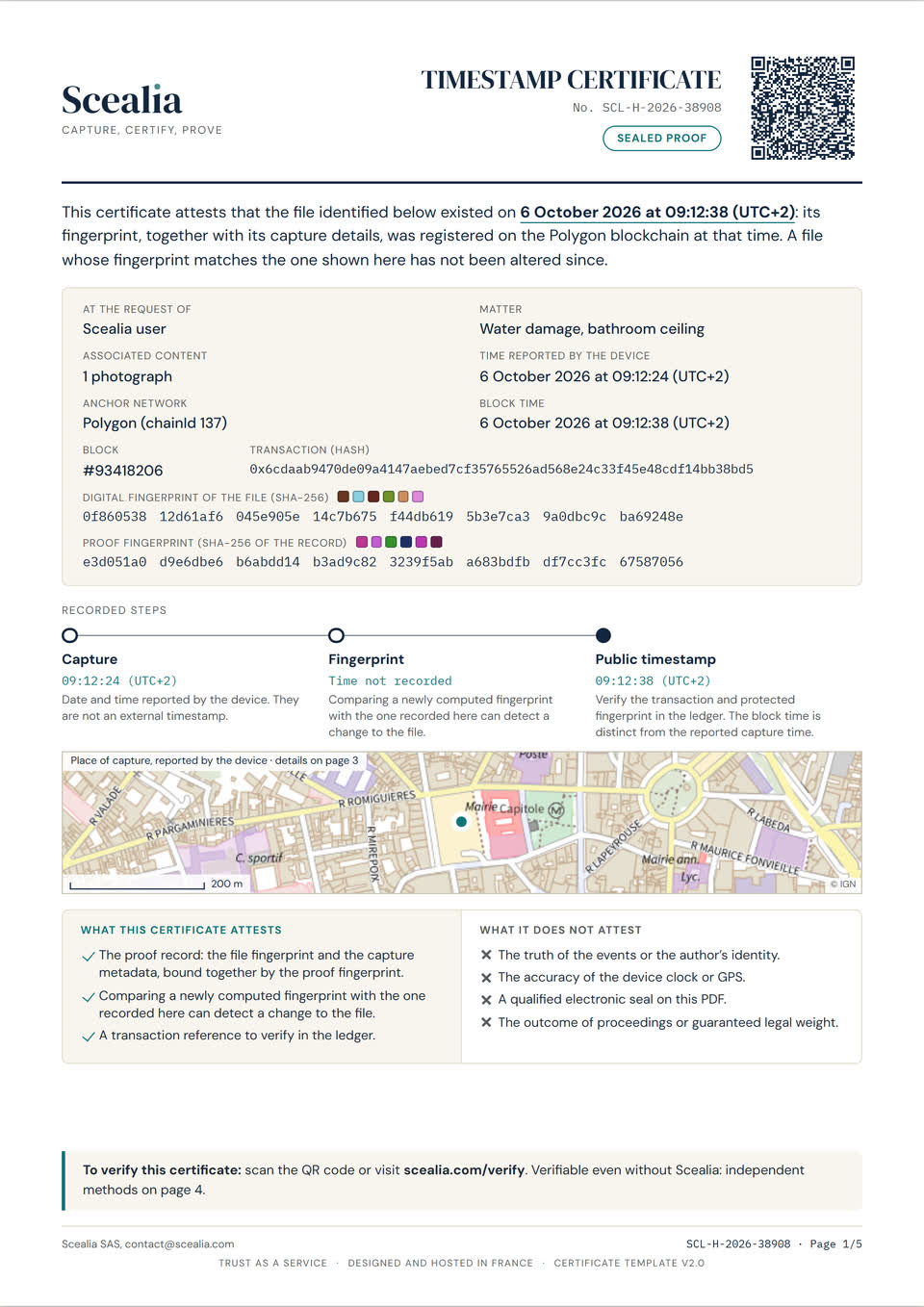 Page 1 of a Scealia timestamp certificate, fictitious data: header and QR code, attestation, identification and fingerprints, steps and place of capture, what the certificate attests and does not attest, verification.